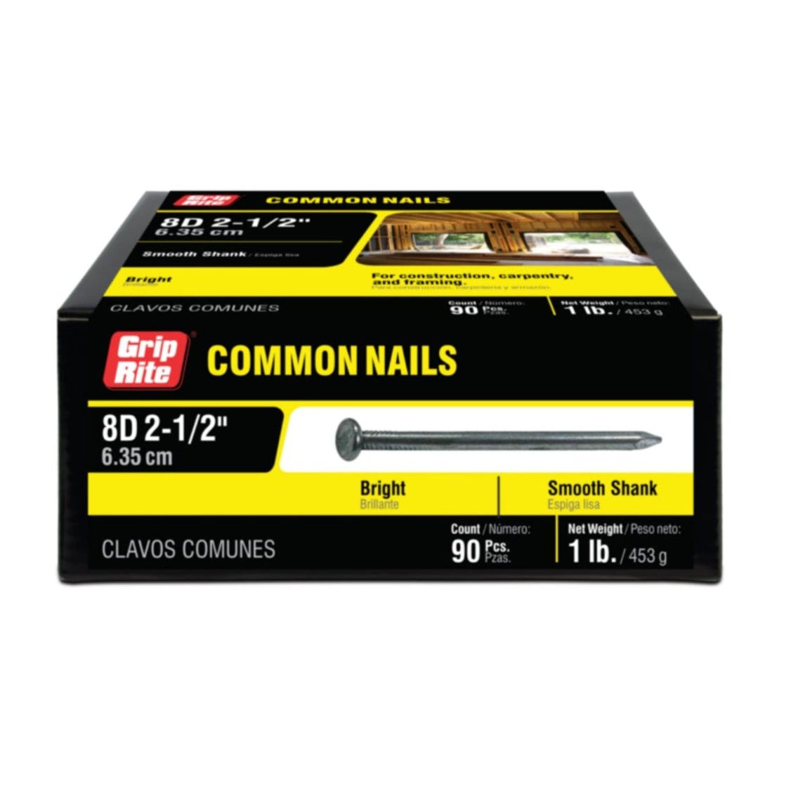 Product page displaying Grip-Rite 8C1 #10-1/4 x 2-1/2 in. 8D Bright Common Nails, perfect for construction tasks. Includes SKU, pricing, available quantity bands for this carpentry essential, and details on a 90-pack (1 lb.).
